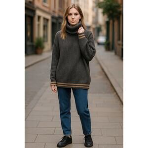 ZARA Women’s Chunky Oversized  Knit Turtleneck Sweater Gray Striped Medium